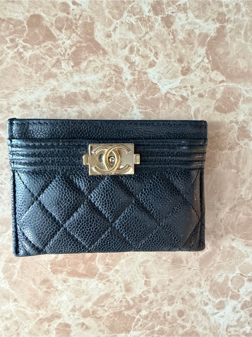 CHANEL Black Quilted Leather Card Holder with Gold CC Plaque